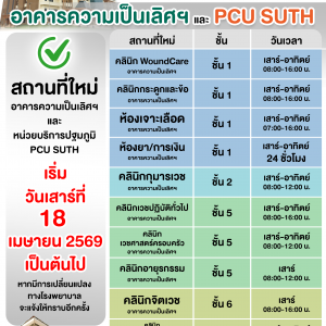 📢 ประชาสัมพันธ์ : แจ้งผู้รับบริการ และบุคลากร 🩺การให้บริการคลินิกผู้ป่วยนอก รพ.มทส. (OPD เสาร์-อาทิตย์) 🏥อาคารความเป็นเลิศฯ และ หน่วยบริการปฐมภูมิ PCU SUTH 🗓️เริ่มวันเสาร์ที่ 18 เมษายน 2569 เป็นต้นไป