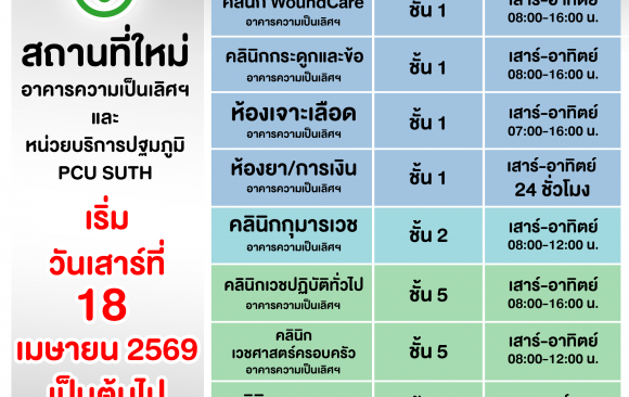 📢 ประชาสัมพันธ์ : แจ้งผู้รับบริการ และบุคลากร 🩺การให้บริการคลินิกผู้ป่วยนอก รพ.มทส. (OPD เสาร์-อาทิตย์) 🏥อาคารความเป็นเลิศฯ และ หน่วยบริการปฐมภูมิ PCU SUTH 🗓️เริ่มวันเสาร์ที่ 18 เมษายน 2569 เป็นต้นไป